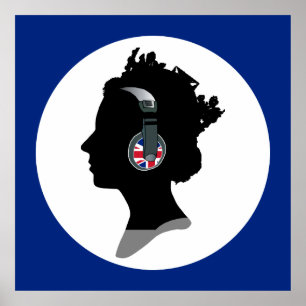 GROOVY QUEEN ELIZABETH WITH DJ HEADPHONES POSTER