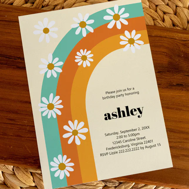 Groovy Rainbow 1970s Boho Daisy Birthday Party Invitation | Zazzle