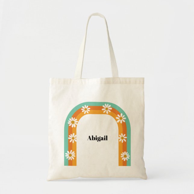 Groovy Rainbow 1970s Style Boho Daisy Personalized Tote Bag (Front)