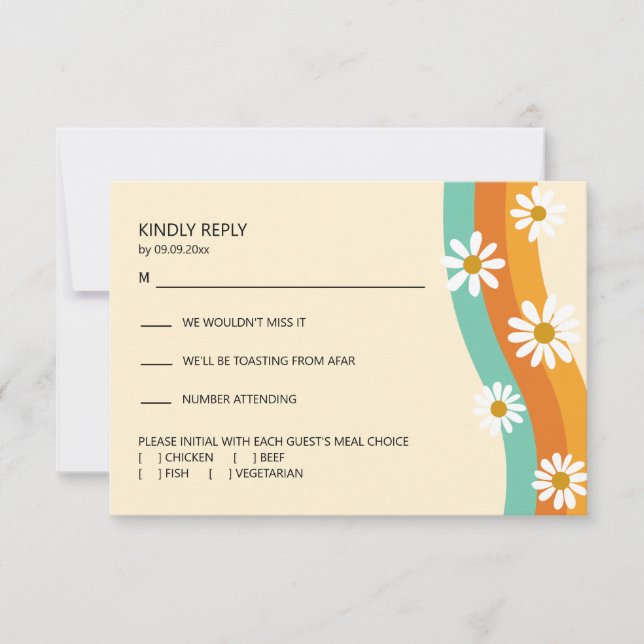 Groovy Rainbow 1970s Style Boho Daisy Wedding RSVP Card (Front)
