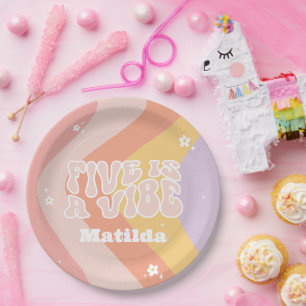 groovy rainbow 5 is a vibe 60's retro daisy cool paper plates