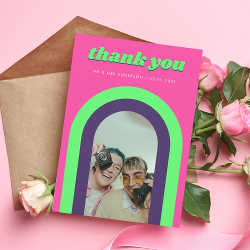 Groovy Rainbow Arch Hot Pink  Lime Retro Wedding Thank You Card