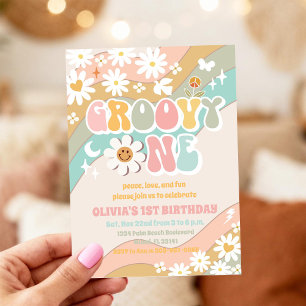 Groovy Rainbow Daisy 1st Birthday Invitation