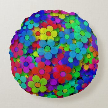 Groovy Rainbow Flowers Blue Round Pillow by ZionMade at Zazzle