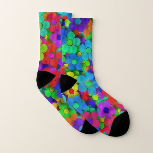 Groovy Rainbow Flowers Blue Socks