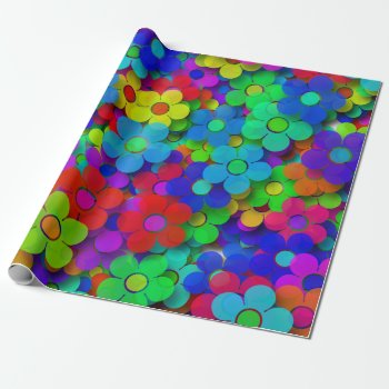 Groovy Rainbow Flowers Blue Wrapping Paper by ZionMade at Zazzle