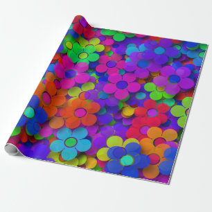 Groovy Rainbow Flowers Purple Wrapping Paper