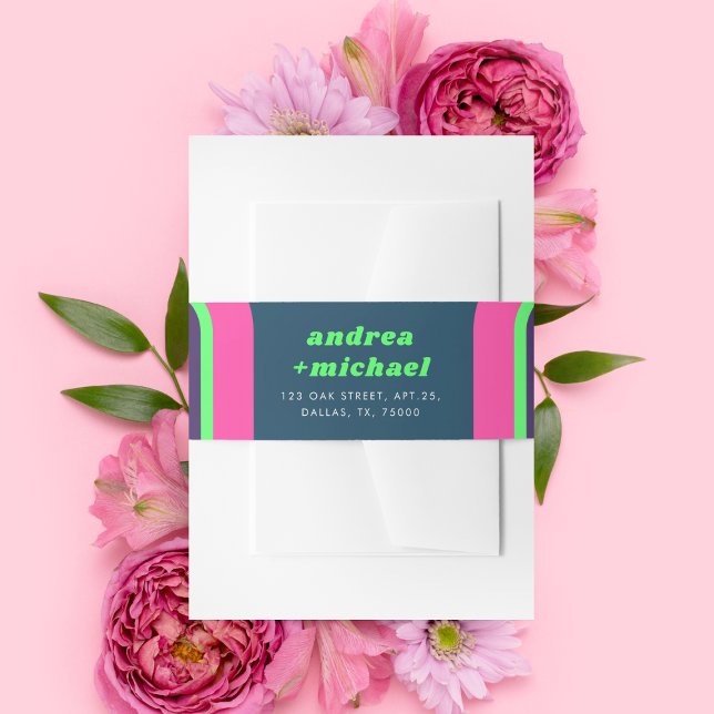 Groovy Rainbow Pink Teal Lime Green Retro Wedding Invitation Belly Band (Creator Uploaded)