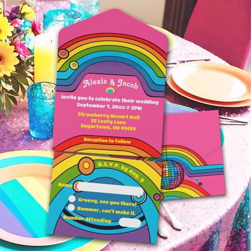 Groovy Rainbow Retro 70s Wedding Colorful Funky All In One Invitation