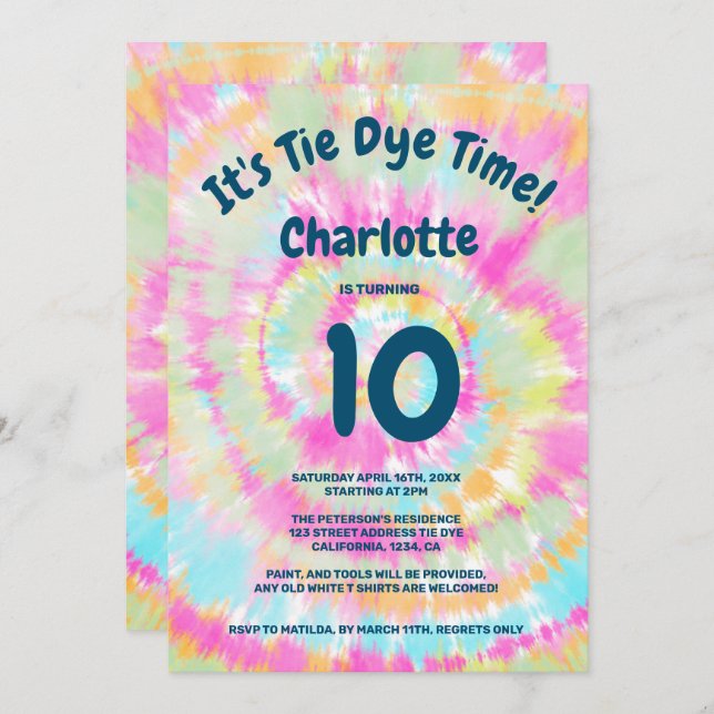 Groovy rainbow tie dye 10th kids birthday party invitation (Front/Back)