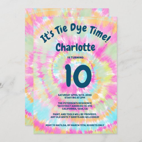 Groovy rainbow tie dye 10th kids birthday party invitation