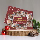 Groovy Red & Gold Merry Christmas 8 Photo Collage Holiday Card<br><div class="desc">Celebrate the season with this groovy Christmas card, featuring eight custom photos arranged in an oval shape around the card's edge, with space for a variety of image orientations. Each image has its own white frame, to make the photos stand out against the deep red background. In the middle of...</div>