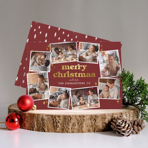 Groovy Red  Gold Merry Christmas 8 Photo Collage Holiday Card