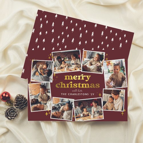 Groovy Red  Gold Merry Christmas 8 Photo Collage Holiday Card