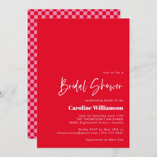 Groovy Red Pink Retro Checkerboard Bridal Shower Invitation