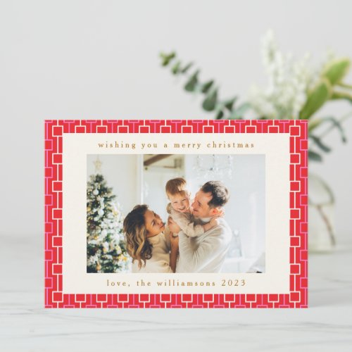 Groovy Red Pink Retro Cute Two Photo Christmas Holiday Card