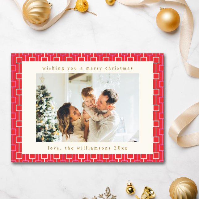Groovy Red Pink Retro Cute Two Photo Christmas Holiday Card (Creator Uploaded)