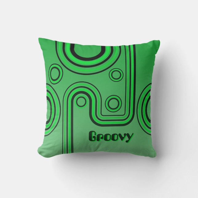Groovy Retro 1960s Linear Design Green and Black Throw Pillow (Front)