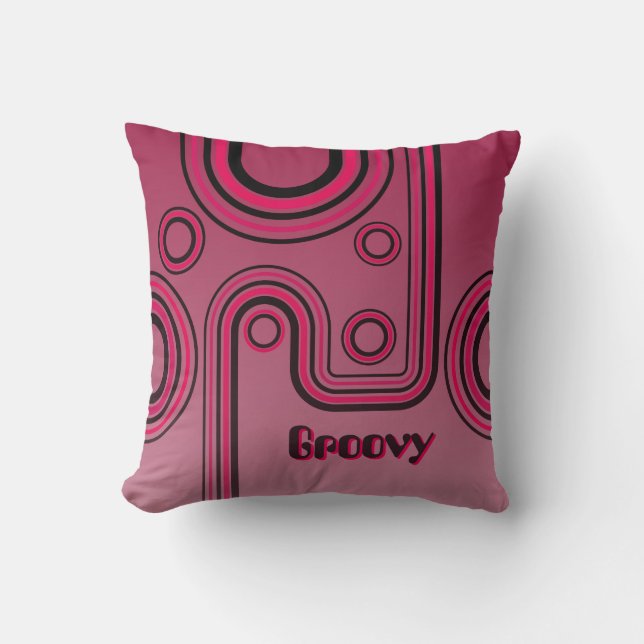 Groovy Retro 1960s Linear Design Pink and Black Throw Pillow (Front)
