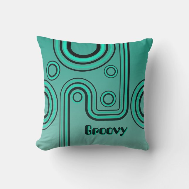 Groovy Retro 1960s Linear Design Turquoise Black Throw Pillow (Front)