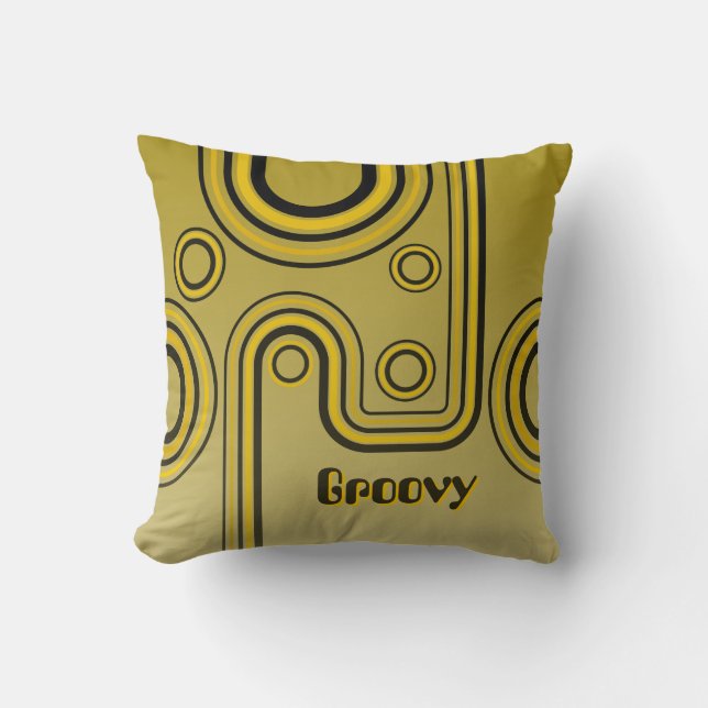 Groovy Retro 1960s Linear Design Yellow and Black Throw Pillow (Front)