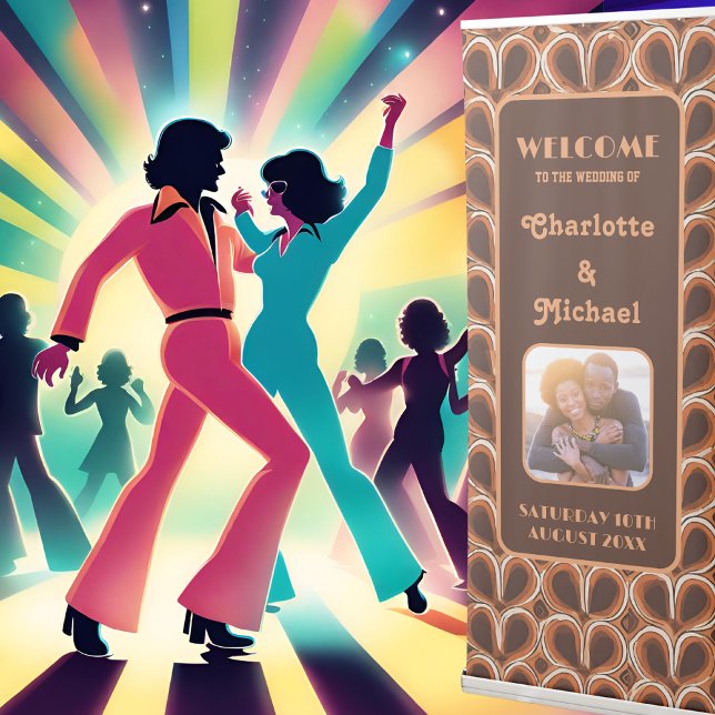 Groovy Retro 1970s Pattern Photo Wedding Welcome Retractable Banner (Retro 1970's Wedding Disco
This mockup Includes A.I. )