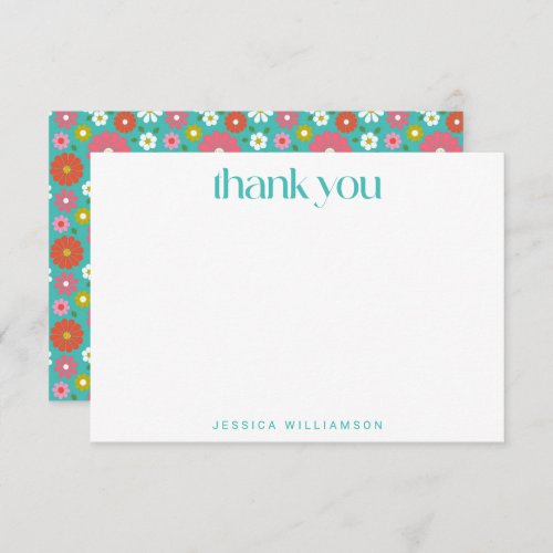 Groovy Retro 50s Flowers Turquoise Bat Mitzvah  Thank You Card