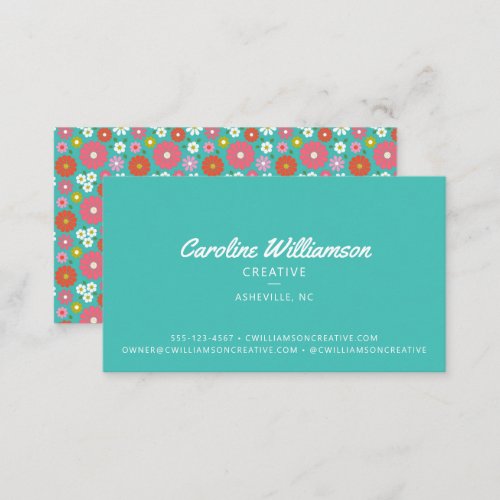 Groovy Retro 50s Kitsch Turquoise Blue Flowers Business Card