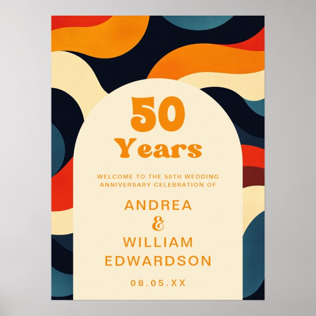 Groovy Retro 50th Wedding Anniversary Welcome Sign (Front)