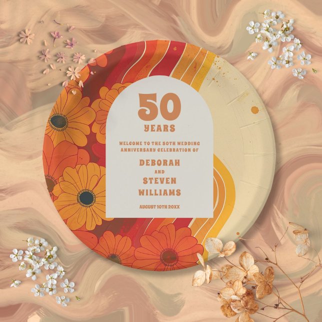 Groovy Retro 50th Wedding Anniversary Welcome Sign Paper Plates (Groovy Retro 50th Wedding Anniversary Welcome Sign Paper Plates)