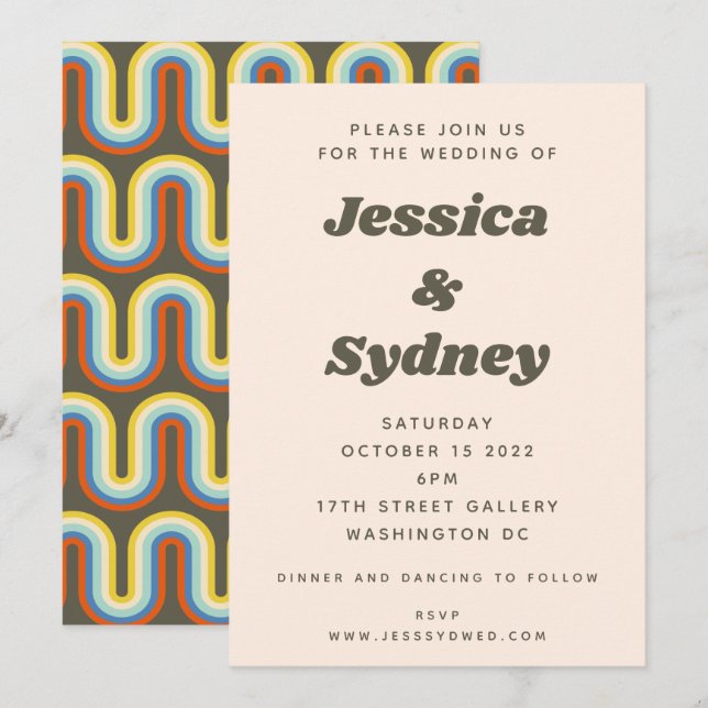 Groovy Retro 60s 70s Aesthetic Olive Green Wedding Invitation (Front/Back)