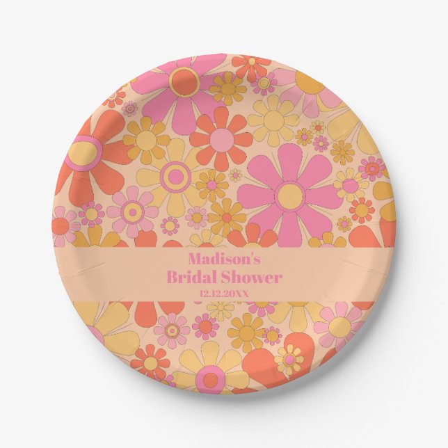 Groovy Retro 60s 70s Flowers Pink and Yellow Paper Plates (Front)