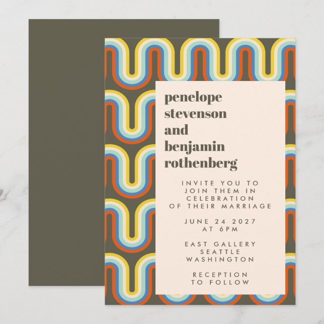 Groovy Retro 60s 70s Line Art Olive Green Wedding  Invitation (Front/Back)