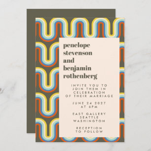 Groovy Retro 60s 70s Line Art Olive Green Wedding Invitation
