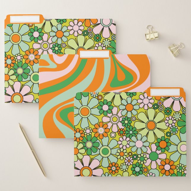 Groovy Retro 60s 70s Patterns Orange Green File Folder (Set)