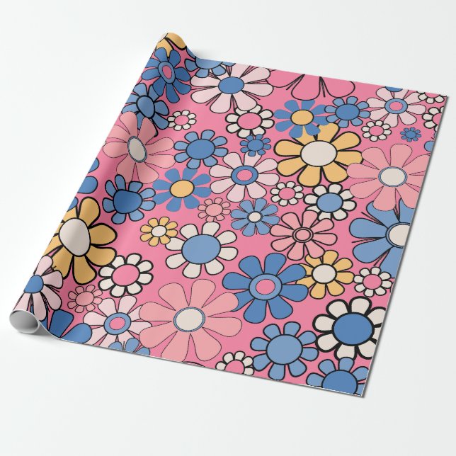 Groovy Retro 60s 70s Pretty Pink Floral Pattern Wrapping Paper (Unrolled)