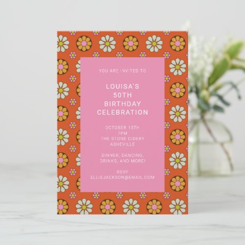 Groovy Retro 60s Flower Orange Pink Birthday Party Invitation