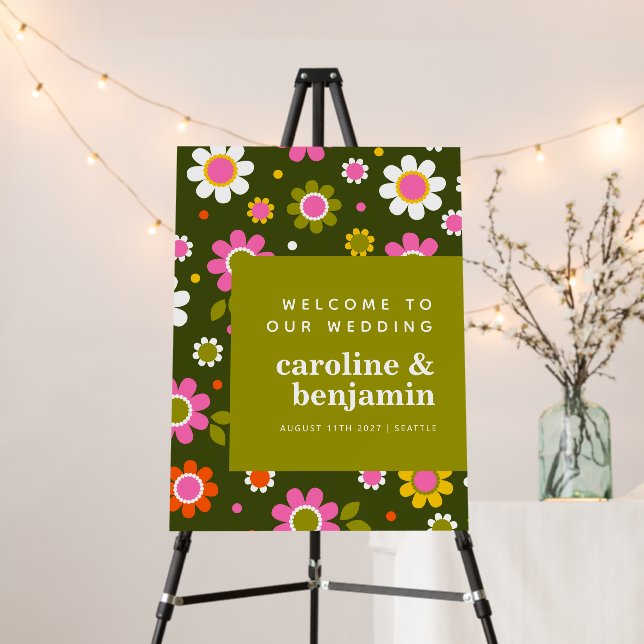 Groovy Retro 60s Flower Pink Green Wedding Welcome Foam Board (In Situ (Stand))