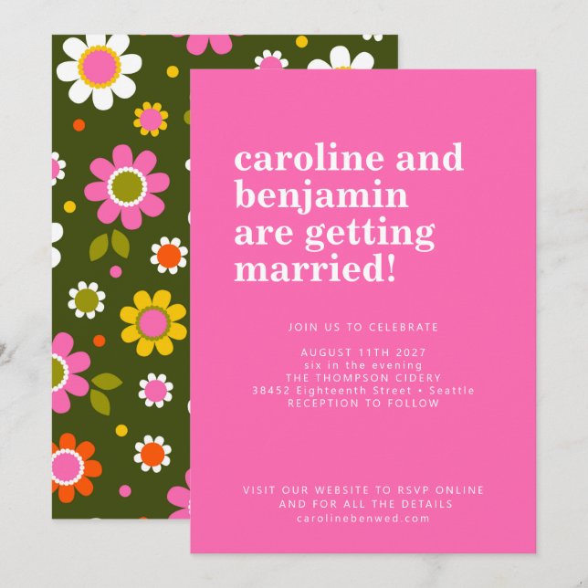 Groovy Retro 60s Flowers Bright Pink Bold Wedding Invitation (Front/Back)
