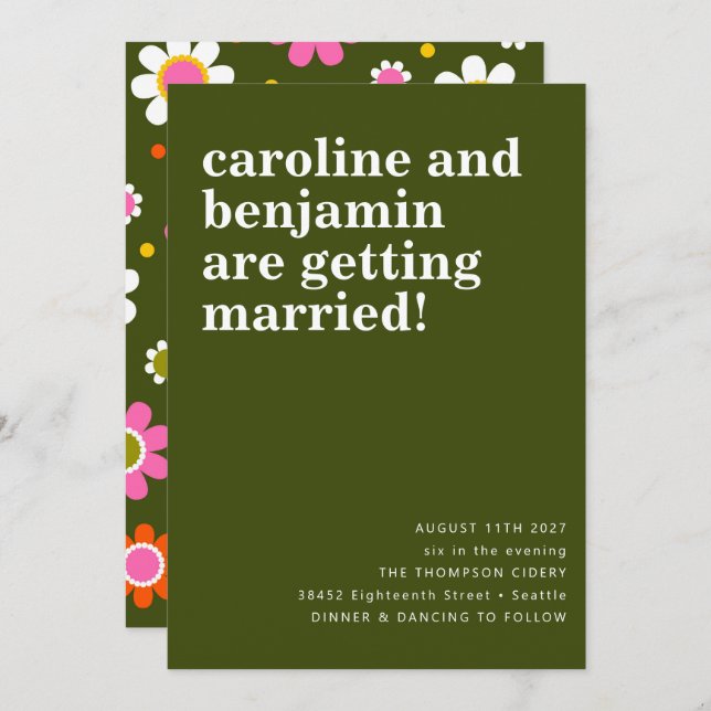 Groovy Retro 60s Flowers Dark Green Boho Wedding Invitation (Front/Back)