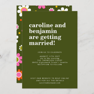 Groovy Retro 60s Flowers Dark Green Bold Wedding Invitation