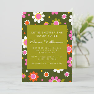 Groovy Retro 60s Flowers Olive Green Baby Shower Invitation