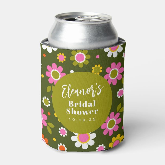 Groovy Retro 60s Flowers Olive Green Bridal Shower Can Cooler (Can Front)