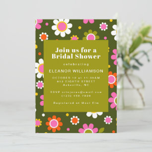 Groovy Retro 60s Flowers Olive Green Bridal Shower Invitation