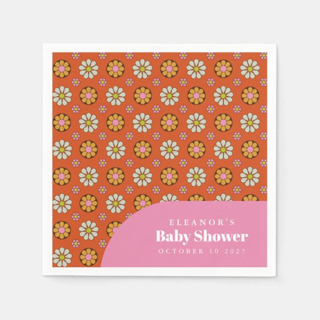 Groovy Retro 60s Flowers Orange Baby Shower Custom Napkins (Front)