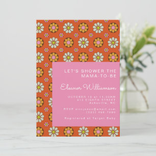 Groovy Retro 60s Flowers Orange Pink Baby Shower Invitation
