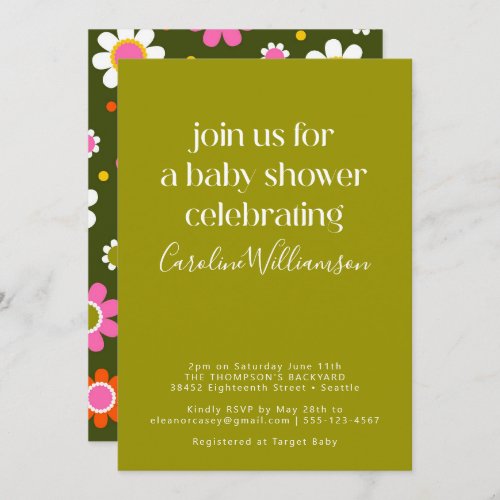 Groovy Retro 60s Flowers Pink Green Baby Shower Invitation