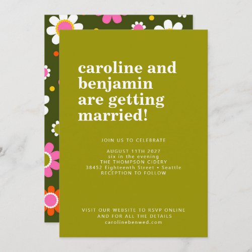 Groovy Retro 60s Flowers Pink Green Bold Wedding Invitation