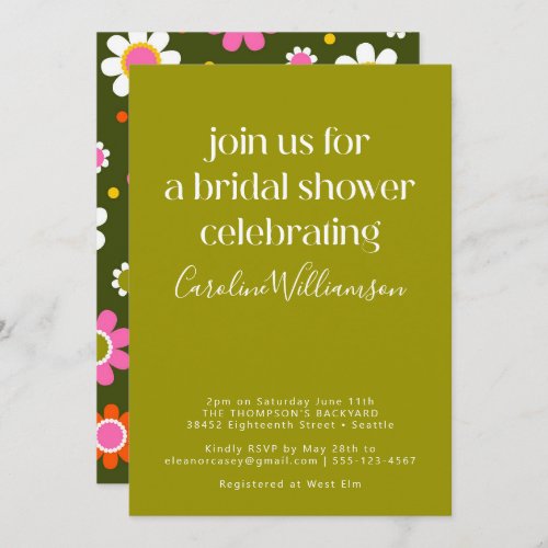 Groovy Retro 60s Flowers Pink Green Bridal Shower Invitation