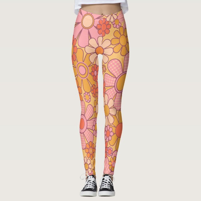 Groovy Retro 60s Hippie Flowers Cheerful Vintage Leggings (Front)